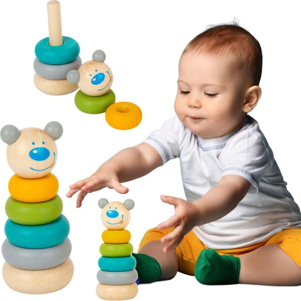 Torre Di Legno Orsetto Puzzle Montessori Piramide Piccolo Piede-image