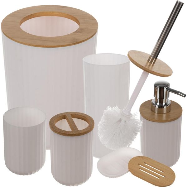 Set Da Bagno 6 Pezzi In 2 Varianti Di Colore Con Dispenser Per Sapone In Bambù Bicchiere Per Spazzolino Da Denti Portasapone Secchio Per Cosmetici Scopino 24635, Colore:Bianco-image