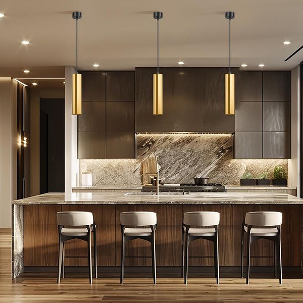 Braytron Led Moderna Luce A Sospensione Cilindrica In Alluminio GU10 Oro Lampada A Sospensione Bancone Cucina Ø60X250Mm Presa GU10 Senza Luminaire-image