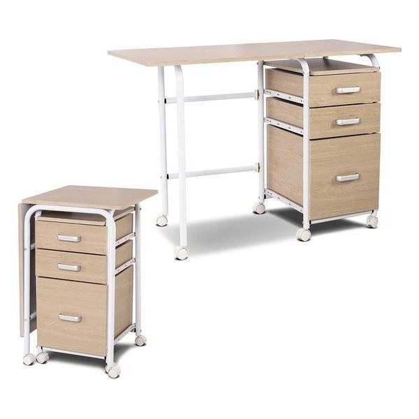 Scrivania Pieghevole Per Computer Con 3 Cassetti E Rotelle, Scrivania Con Struttura In Metallo, Scrivania Salvaspazio, Scrivania Pieghevole Per Piccoli Spazi, 105 X 50 X 75 Cm (Bianco)-image