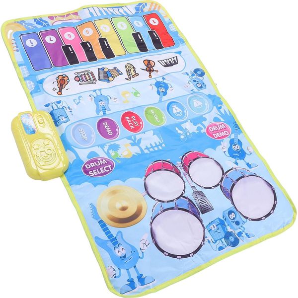2 In 1 Pianoforte Per Bambini E Tappetino Per Tamburi 13 Tasti 5 Strumenti Musicali Suoni Gioco Interattivo Baby Musical Mat Per Bambini Blu-image