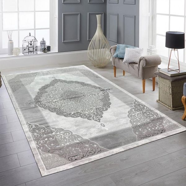 Tappeto Grigio Argento Ornamento Design Facile Da Pulire E Resistente Dimensioni Del Soggiorno - 120 X 170 Cm-image