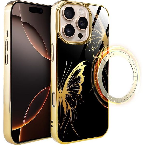 Custodia In Vetro Per Iphone 16 Pro Ibizu Elite Con Magsafe, Retro In Vetro, Golden Midnight, Ali Di Farfalla, Oro-image