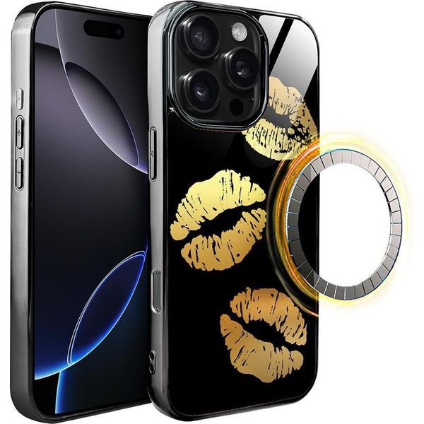 Custodia In Vetro Per Iphone 16 Pro Max Ibizu Elite Con Magsafe, Retro In Vetro, Golden Midnight, Lips, Nero-image