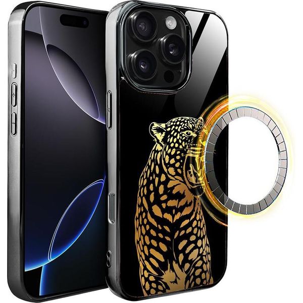 Custodia In Vetro Per Iphone 16 Pro Ibizu Elite Con Magsafe, Retro In Vetro, Golden Midnight, Roaring Jaguar, Nero-image