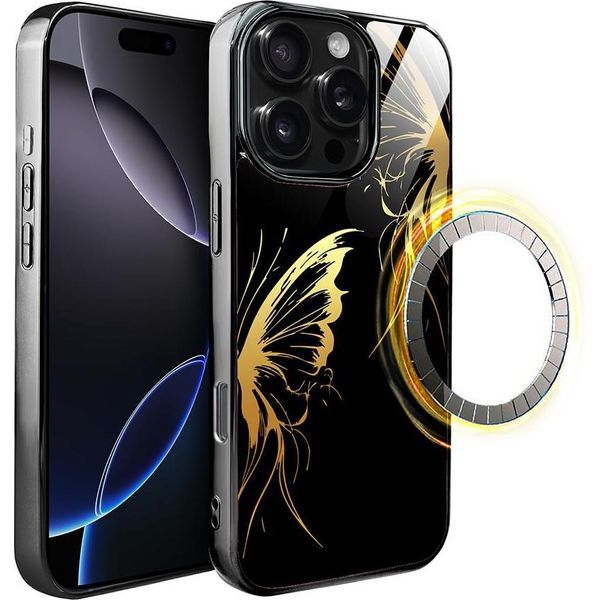 Custodia In Vetro Per Iphone 16 Pro Max Ibizu Elite Con Magsafe, Retro In Vetro, Golden Midnight, Ali Di Farfalla, Nero-image