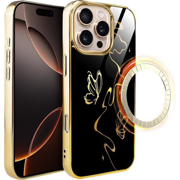 Custodia In Vetro Iphone 16 Pro Ibizu Elite Con Magsafe, Retro In Vetro, Mezzanotte Dorata, Effetto Farfalla, Oro-image