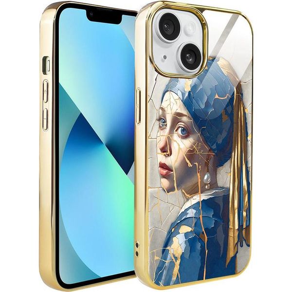 Custodia Ibizu Elite Glass Per Iphone 13, Retro In Vetro, Kintsugi Art, Donna Con Perla, Oro-image