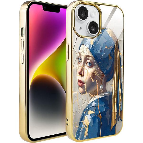 Custodia In Vetro Iphone 14 Ibizu Elite, Retro In Vetro, Kintsugi Art, Donna Con Perla, Oro-image