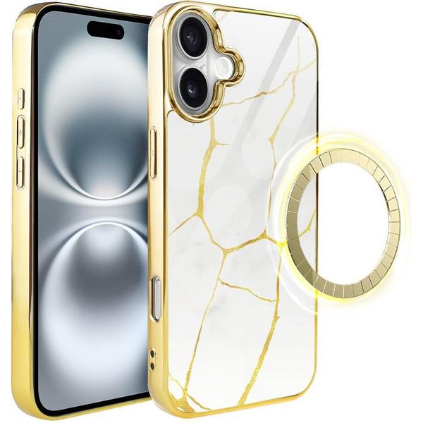 Custodia In Vetro Per Iphone 16 Plus Ibizu Elite Con Magsafe, Kintsugi, Porcellana Bianca, Oro-image