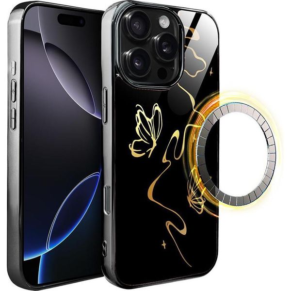 Iphone 16 Pro Ibizu Elite Glass Case Con Magsafe, Retro In Vetro, Golden Midnight, Effetto Farfalla, Nero-image