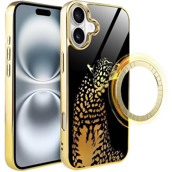 Custodia In Vetro Per Iphone 16 Plus Ibizu Elite Con Magsafe, Retro In Vetro, Golden Midnight, Leopard, Gold-image