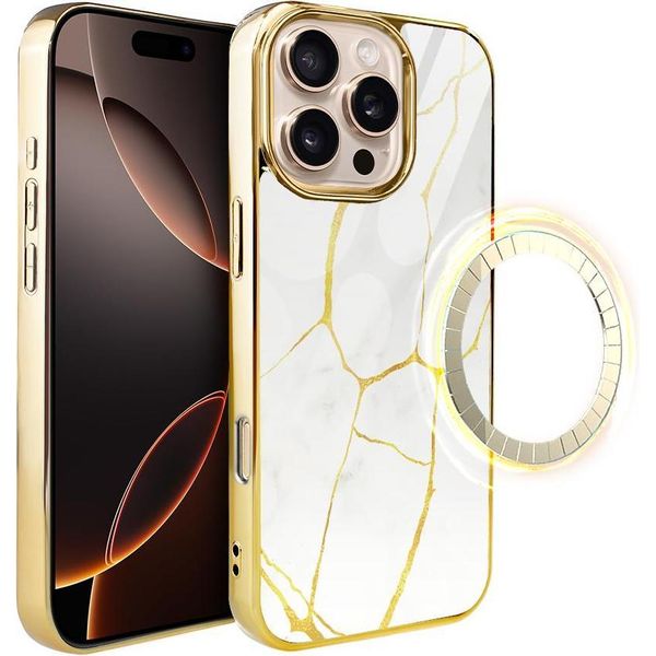 Custodia In Vetro Per Iphone 16 Pro Ibizu Elite Con Magsafe, Kintsugi, Porcellana Bianca, Oro-image