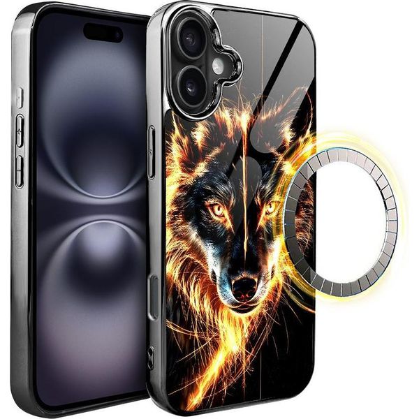 Iphone 16 Plus Custodia In Vetro Ibizu Elite Con Magsafe, Retro In Vetro, Fire Wolf, Black Chrome-image