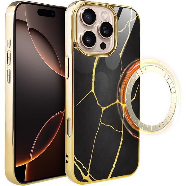 Custodia In Vetro Per Iphone 16 Pro Max Ibizu Elite Con Magsafe, Kintsugi, Porcellana Nera, Oro-image