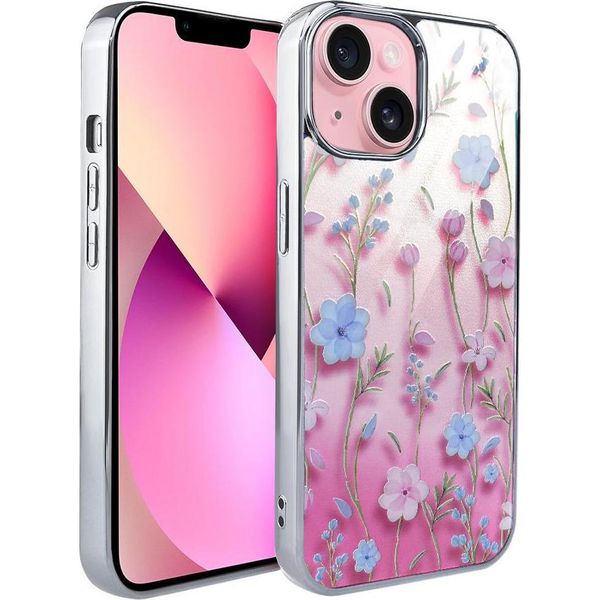 Custodia Ibizu Elite Glass 3D Per Iphone 15, Retro In Vetro, Fiori Estivi Al Tramonto, Argento-image