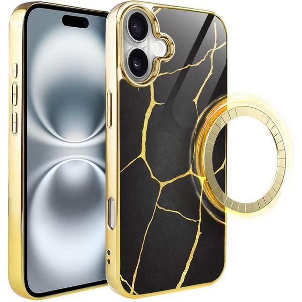 Custodia In Vetro Per Iphone 16 Plus Ibizu Elite Con Magsafe, Kintsugi, Porcellana Nera, Oro-image