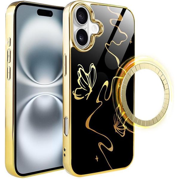 Custodia In Vetro Per Iphone 16 Plus Ibizu Elite Con Magsafe, Retro In Vetro, Mezzanotte Dorata, Effetto Farfalla, Oro-image