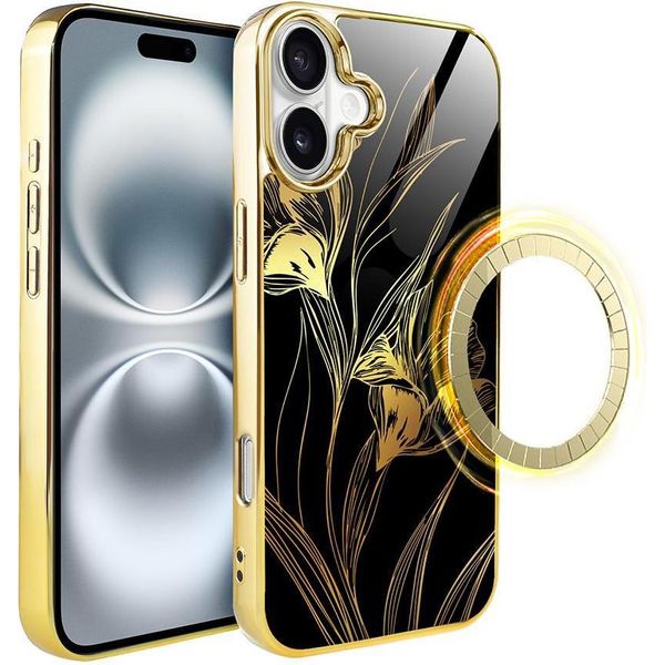 Custodia Per Iphone 16 Ibizu Elite Glass Con Magsafe, Retro In Vetro, Golden Midnight, Royal Iris, Gold-image