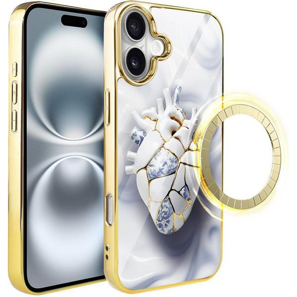 Custodia In Vetro Per Iphone 16 Plus Ibizu Elite Con Magsafe, Kintsugi Art, Cuore In Porcellana, Oro-image