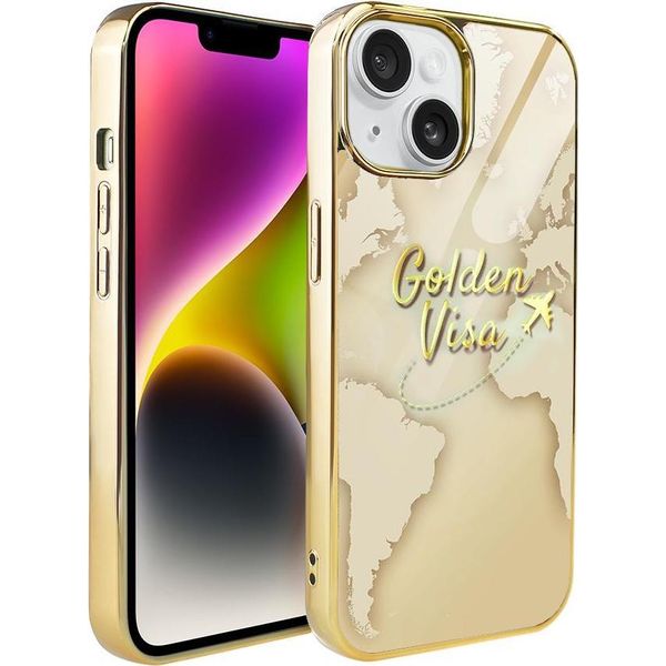 Custodia Ibizu Elite Glass 3D Per Iphone 14, Retro In Vetro, Mappa Del Mondo Dorata Con Scritta Visa Dorata, Oro-image