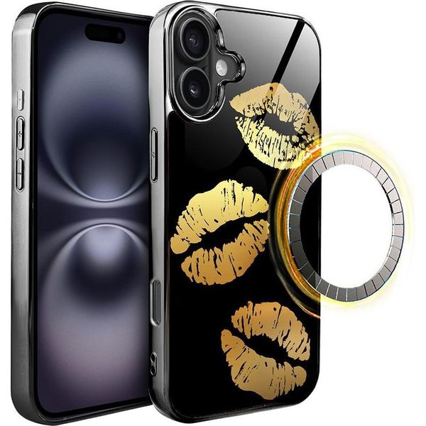 Iphone 16 Custodia In Vetro Ibizu Elite Con Magsafe, Retro In Vetro, Golden Midnight, Lips, Nero-image
