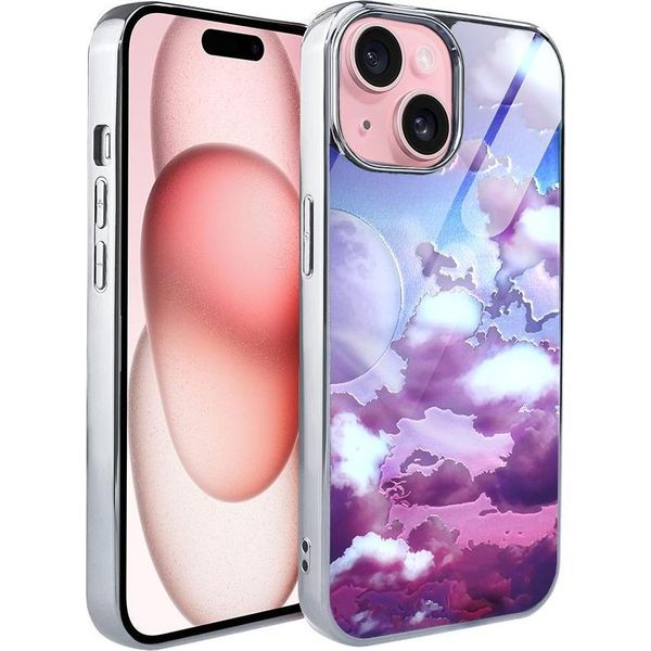 Custodia Ibizu Elite Glass Per Iphone 15, Retro In Vetro, Nuvole E Luna, Argento-image
