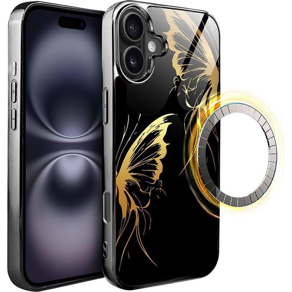 Iphone 16 Custodia In Vetro Ibizu Elite Con Magsafe, Retro In Vetro, Golden Midnight, Ali Di Farfalla, Nero-image