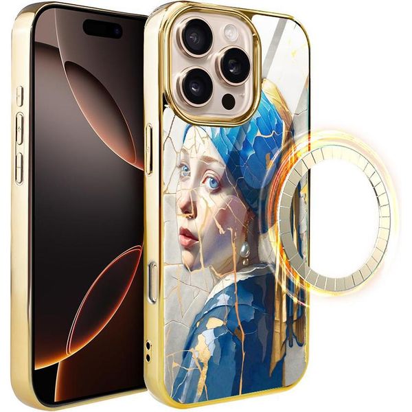 Custodia In Vetro Per Iphone 16 Pro Ibizu Elite Con Magsafe, Arte Kintsugi, Donna Con Perla, Oro-image