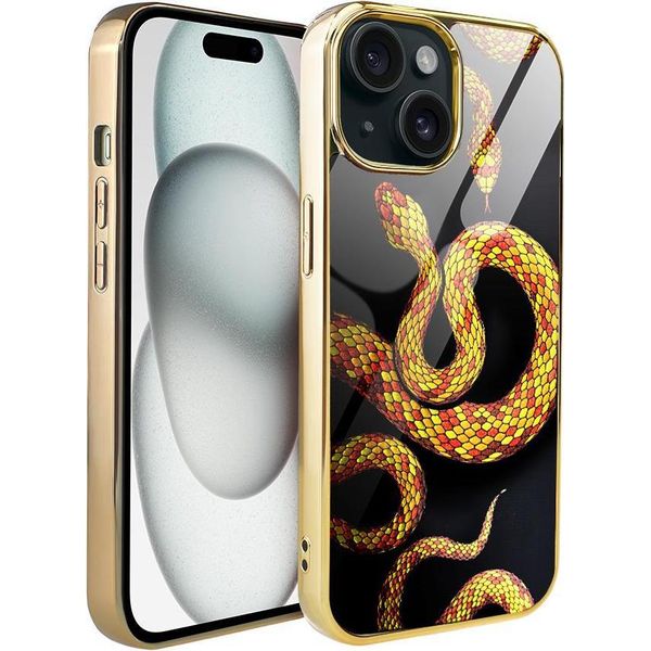 Iphone 15 Custodia In Vetro Ibizu Elite, Retro In Vetro, Serpenti Con Oro, Oro-image