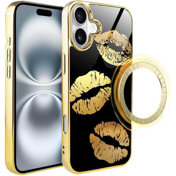 Custodia In Vetro Per Iphone 16 Plus Ibizu Elite Con Magsafe, Retro In Vetro, Golden Midnight, Lips, Oro-image