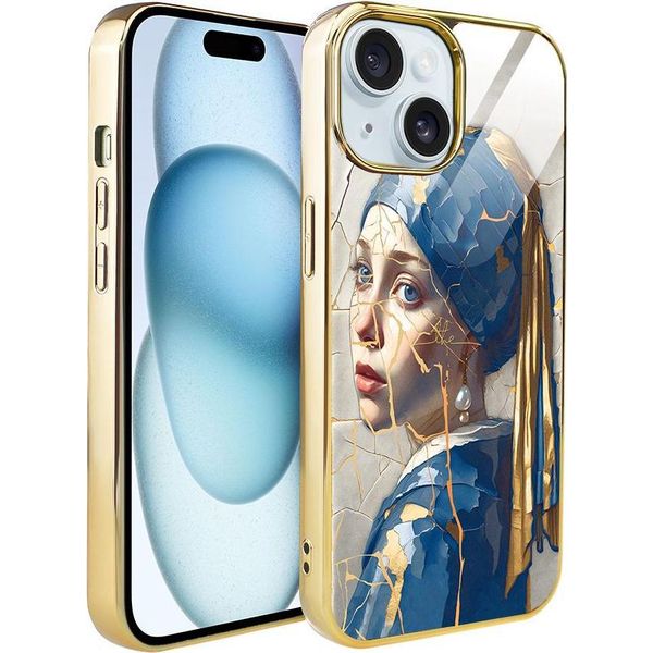 Custodia Ibizu Elite Glass Per Iphone 15, Retro In Vetro, Kintsugi Art, Donna Con Perla, Oro-image
