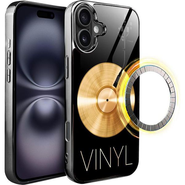 Iphone 16 Custodia In Vetro Ibizu Elite Con Magsafe, Retro In Vetro, Golden Midnight, Vinyl Lux, Nero-image