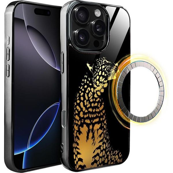 Custodia In Vetro Per Iphone 16 Pro Max Ibizu Elite Con Magsafe, Retro In Vetro, Golden Midnight, Leopard, Nero-image