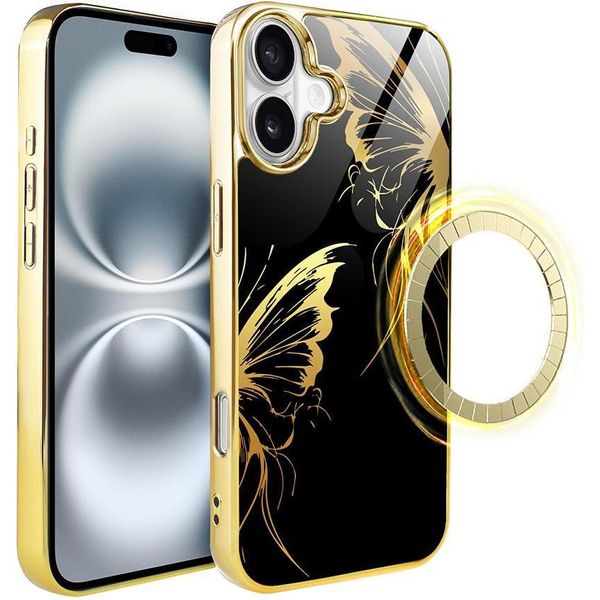 Custodia In Vetro Per Iphone 16 Plus Ibizu Elite Con Magsafe, Retro In Vetro, Golden Midnight, Ali Di Farfalla, Oro-image