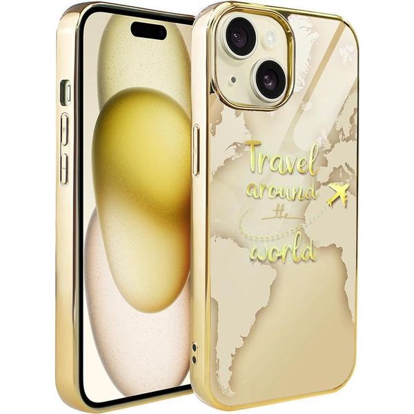 Ibizu Elite Glass 3D Custodia Per Iphone 15, Retro In Vetro, Mappa Del Mondo Dorata Con La Scritta Travel Around The World, Oro-image