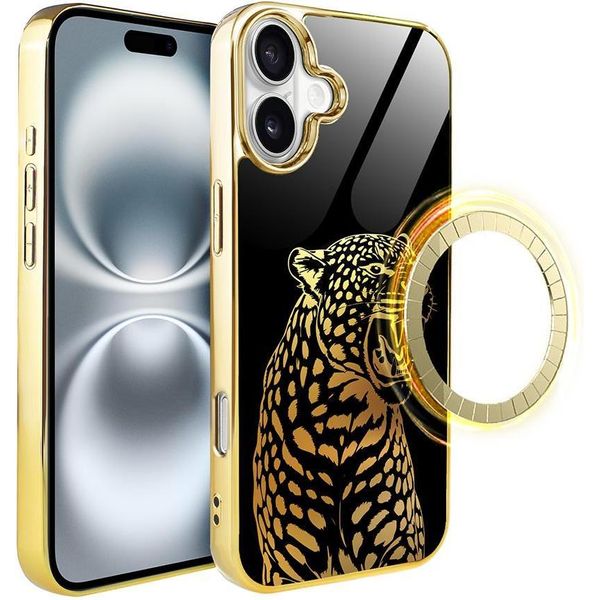 Iphone 16 Custodia In Vetro Ibizu Elite Con Magsafe, Retro In Vetro, Golden Midnight, Roaring Jaguar, Oro-image