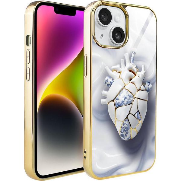 Custodia Ibizu Elite Glass Per Iphone 14, Retro In Vetro, Kintsugi Art, Cuore In Porcellana, Oro-image