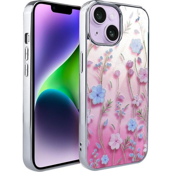 Custodia Ibizu Elite Glass 3D Per Iphone 14, Retro In Vetro, Fiori Estivi Al Tramonto, Argento-image