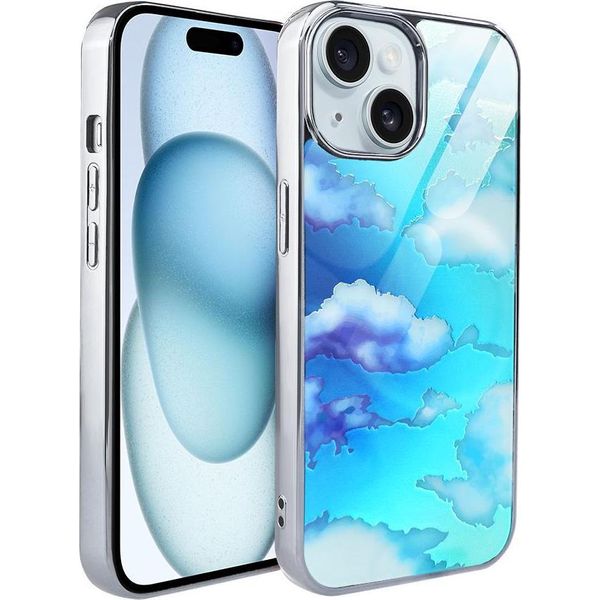 Custodia Ibizu Elite Glass Per Iphone 15, Retro In Vetro, Nuvole, Argento-image