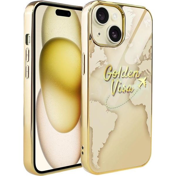Custodia Ibizu Elite Glass 3D Per Iphone 15, Retro In Vetro, Mappa Del Mondo Dorata Con Scritta Visa Dorata, Oro-image
