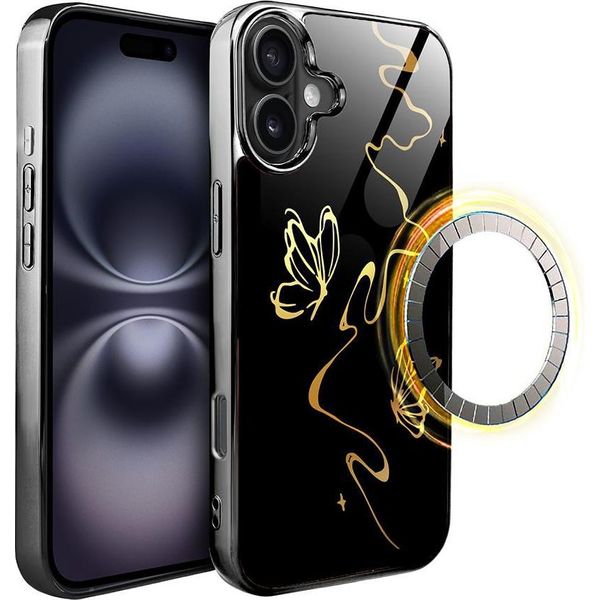 Custodia In Vetro Per Iphone 16 Plus Ibizu Elite Con Magsafe, Retro In Vetro, Golden Midnight, Effetto Farfalla, Nero-image