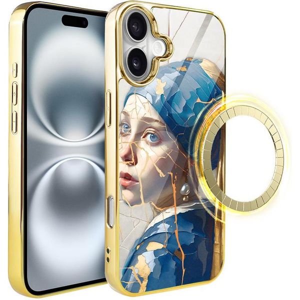 Custodia In Vetro Per Iphone 16 Plus Ibizu Elite Con Magsafe, Arte Kintsugi, Donna Con Perla, Oro-image