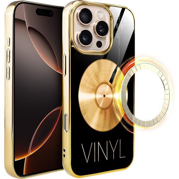 Custodia In Vetro Per Iphone 16 Pro Ibizu Elite Con Magsafe, Retro In Vetro, Golden Midnight, Vinyl Lux, Oro-image