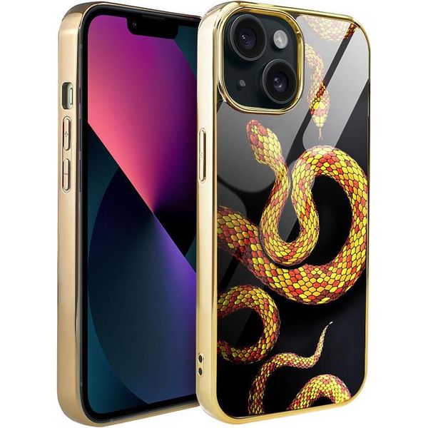 Iphone 13 Custodia In Vetro Ibizu Elite, Retro In Vetro, Serpenti Con Oro, Oro-image