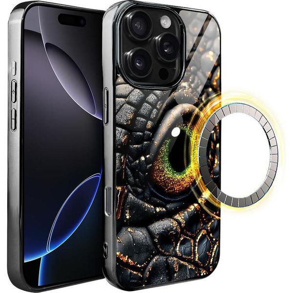 Custodia In Vetro Per Iphone 16 Pro Ibizu Elite Con Magsafe, Retro In Vetro, Amber Dragon, Black Chrome-image