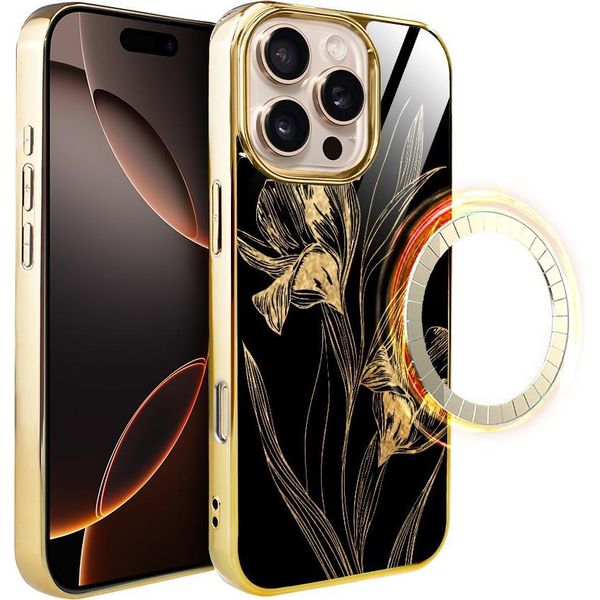 Custodia Per Iphone 16 Pro Ibizu Elite Glass Con Magsafe, Retro In Vetro, Golden Midnight, Royal Iris, Gold-image