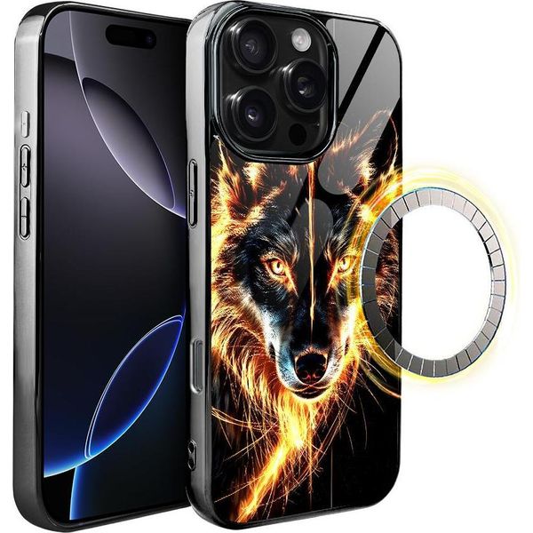 Custodia In Vetro Per Iphone 16 Pro Ibizu Elite Con Magsafe, Retro In Vetro, Fire Wolf, Black Chrome-image