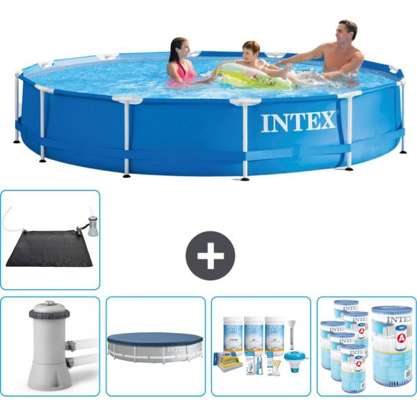 Piscina Intex Con Struttura Rotonda - 366 X 76 Cm - Blu - Inclusa Copertura Della Pompa - Pacchetto Manutenzione - Filtro - Tappetino Solare-image
