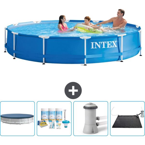 Piscina Intex Con Struttura Rotonda - 366 X 76 Cm - Blu - Include Copertura - Pacchetto Manutenzione - Pompa Filtro Per Piscina - Tappeto Solare-image